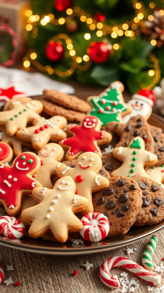 A colorful assortment of Christmas cookies on a festive platter, including gingerbread, sugar cookies, and chocolate chip cookies.
